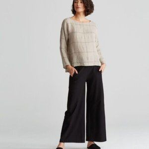 Eileen Fisher Woman Top M Windowpane Pocket 3/4 sleeve 100% Organic Linen